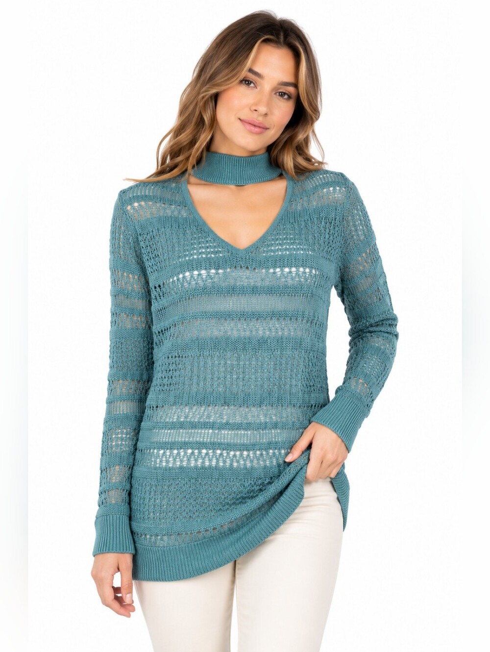 Soho Jeans NYC NWT Y2K Open Knit Choker Sweater Green Boho Small